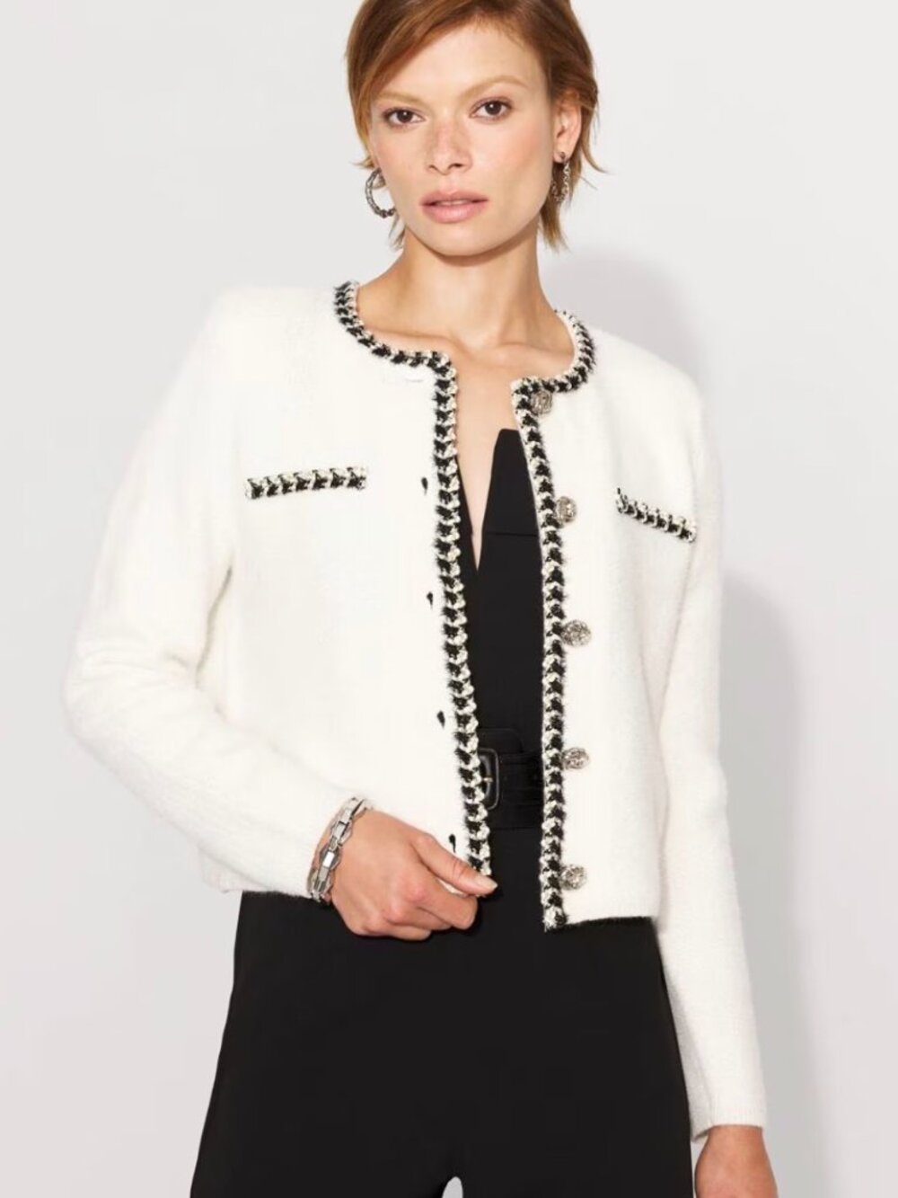 White House Black Black and White Tweed Sweater Jacket Cardigan